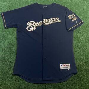 Milwaukee Brewers Majestic Authentic MLB Jersey Navy Blue On Field Blank 48 XL